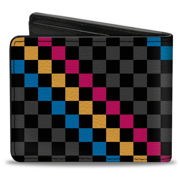 Buckle-Down Bi-Fold Wallet - Checker Stripe Black Gray Blue Gold Pink