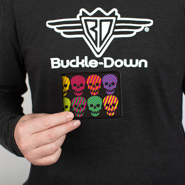 Buckle-Down Bi-Fold Wallet - Checker & Stripe Skulls Black Multi Neon