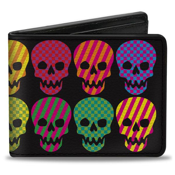 Buckle-Down Bi-Fold Wallet - Checker & Stripe Skulls Black Multi Neon