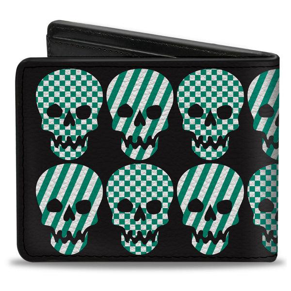 Buckle-Down Bi-Fold Wallet - Checker & Stripe Skulls Black White Green