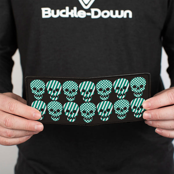 Buckle-Down Bi-Fold Wallet - Checker & Stripe Skulls Black White Green