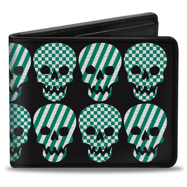 Buckle-Down Bi-Fold Wallet - Checker & Stripe Skulls Black White Green