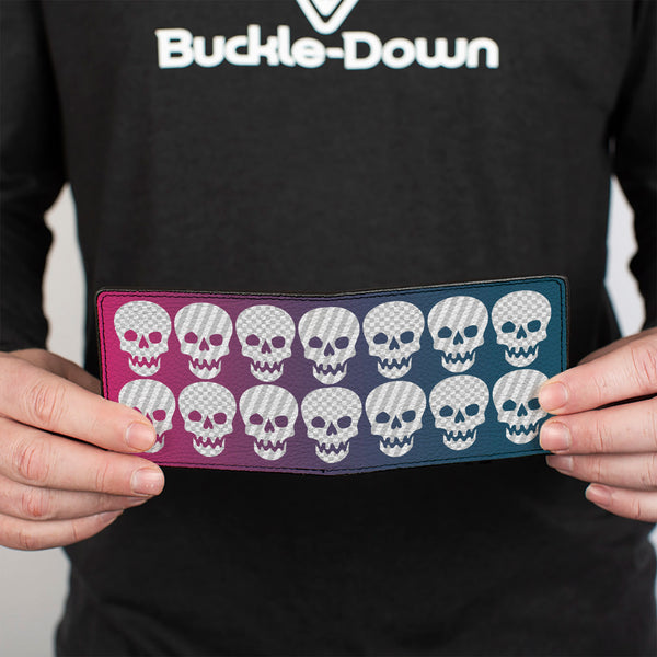 Buckle-Down Bi-Fold Wallet - Checker & Stripe Skulls Gradient Blue Fuchsia