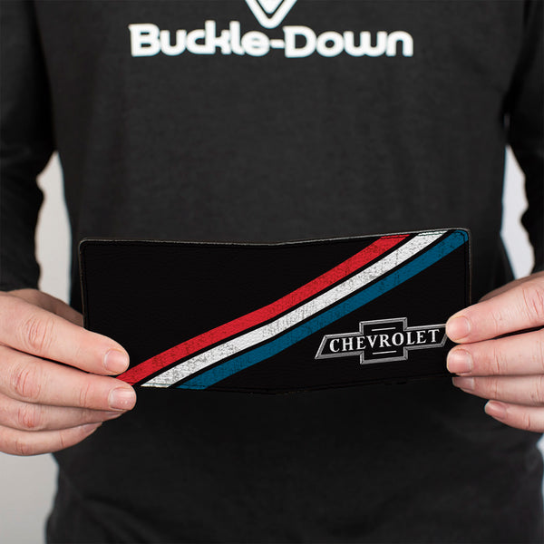 Buckle-Down Bi-Fold Wallet - CHEVROLET Bowtie Logo And Americana Stripe Black/Red/White/Blue