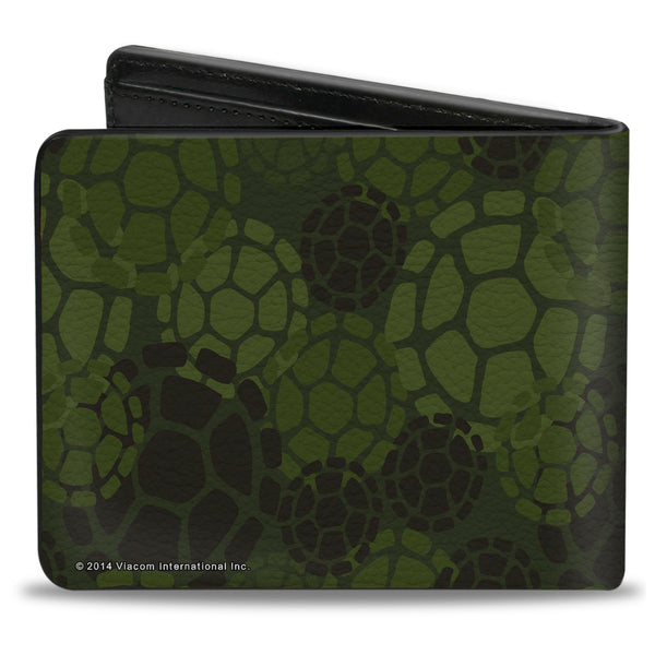 Buckle-Down Bi-Fold Wallet - Classic Turtle Face CLOSE-UP Outline TMNT Turtle Shell Camo Olive White