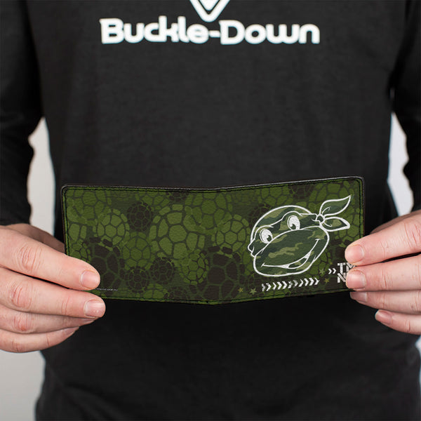 Buckle-Down Bi-Fold Wallet - Classic Turtle Face CLOSE-UP Outline TMNT Turtle Shell Camo Olive White