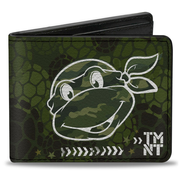 Buckle-Down Bi-Fold Wallet - Classic Turtle Face CLOSE-UP Outline TMNT Turtle Shell Camo Olive White
