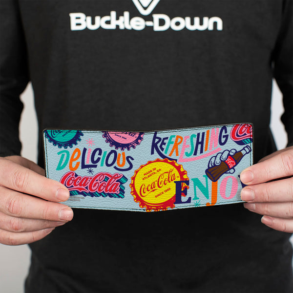 Buckle-Down Bi-Fold Wallet - COCA-COLA DELICIOUS REFRESHING Bottle Caps Light Blue/Multi Color