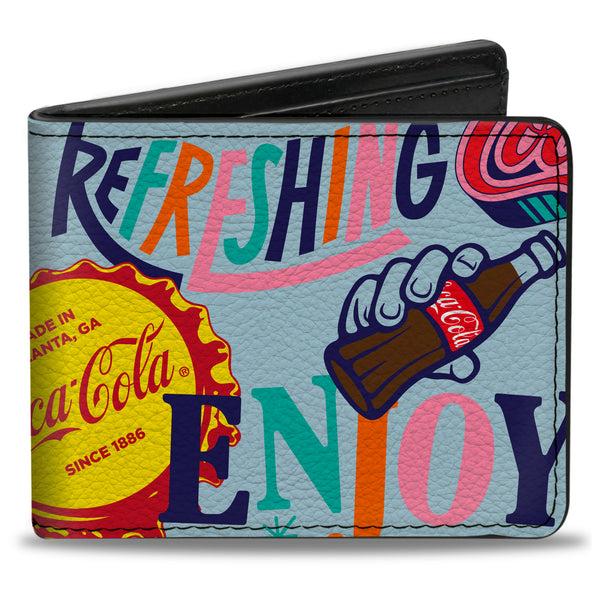 Buckle-Down Bi-Fold Wallet - COCA-COLA DELICIOUS REFRESHING Bottle Caps Light Blue/Multi Color