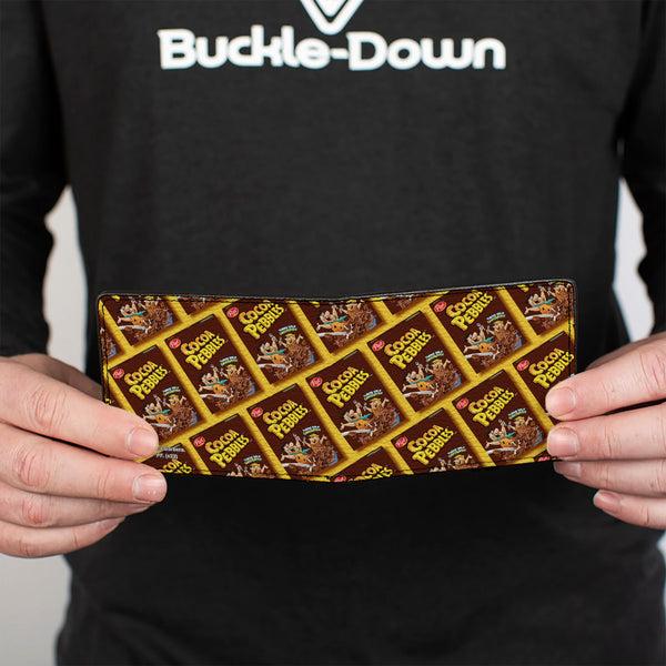Buckle-Down Bi-Fold Wallet - COCOA PEBBLES Fred Flintstone And Barney Rubble Cereal Box Repeat Yellow/Brown