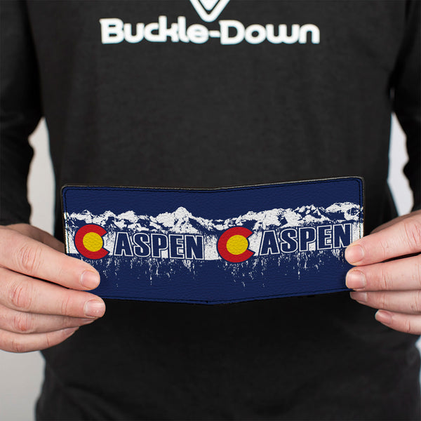 Buckle-Down Bi-Fold Wallet - Colorado ASPEN Flag Snowy Mountains Weathered2 Blue White Red Yellows