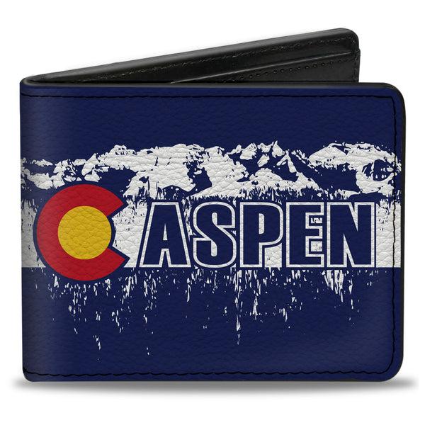 Buckle-Down Bi-Fold Wallet - Colorado ASPEN Flag Snowy Mountains Weathered2 Blue White Red Yellows