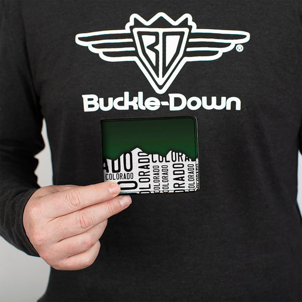 Buckle-Down Bi-Fold Wallet - Colorado Mountains Green White Black Text