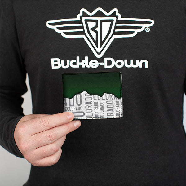 Buckle-Down Bi-Fold Wallet - Colorado Mountains Green White Gray Text
