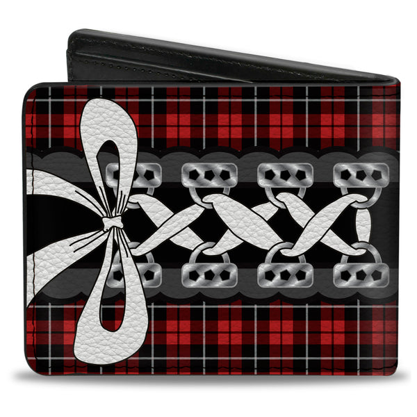 Buckle-Down Bi-Fold Wallet - Corset Lace Up W Bow Red Plaid Black