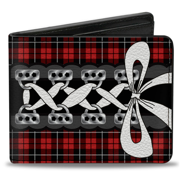 Buckle-Down Bi-Fold Wallet - Corset Lace Up w Bow Red Plaid Black