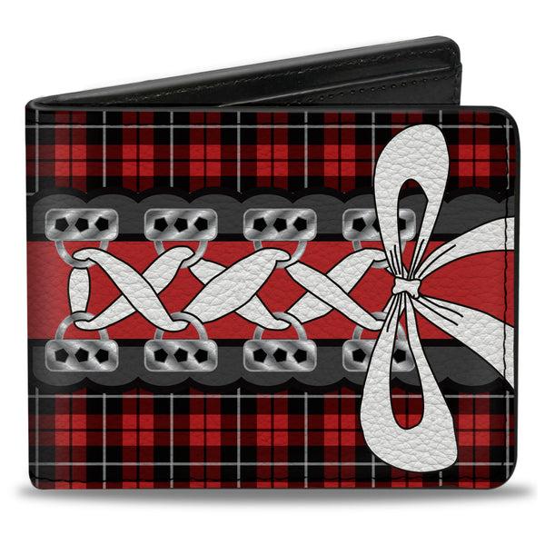 Buckle-Down Bi-Fold Wallet - Corset Lace Up w Bow Red Plaid Red