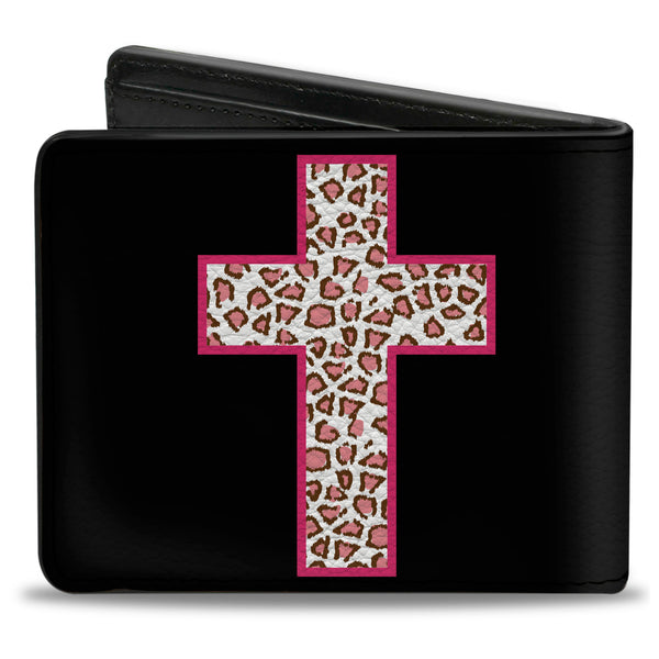 Buckle-Down Bi-Fold Wallet - Cross Repeat Black Leopard Brown Pink Outline