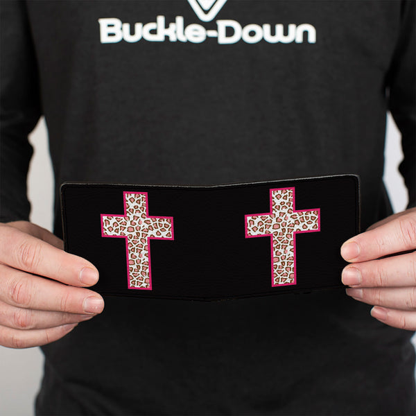 Buckle-Down Bi-Fold Wallet - Cross Repeat Black Leopard Brown Pink Outline