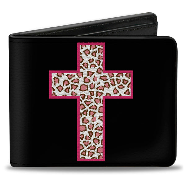 Buckle-Down Bi-Fold Wallet - Cross Repeat Black Leopard Brown Pink Outline