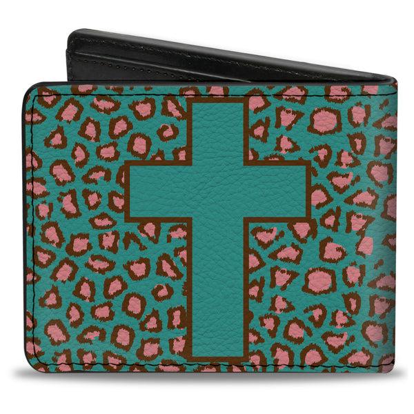 Buckle-Down Bi-Fold Wallet - Cross Repeat Leopard Turquoise Pink