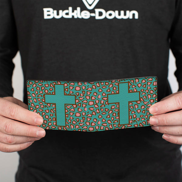 Buckle-Down Bi-Fold Wallet - Cross Repeat Leopard Turquoise Pink