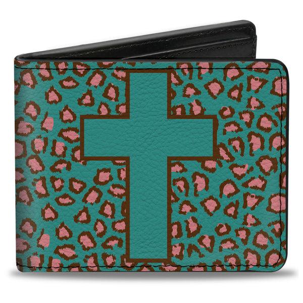 Buckle-Down Bi-Fold Wallet - Cross Repeat Leopard Turquoise Pink