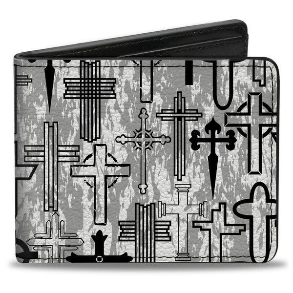 Buckle-Down Bi-Fold Wallet - Crosses Assorted Distressed White Black