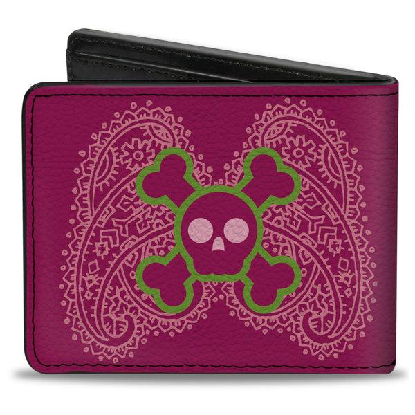 Buckle-Down Bi-Fold Wallet - Cute Skulls W Paisley Purple Pink Green