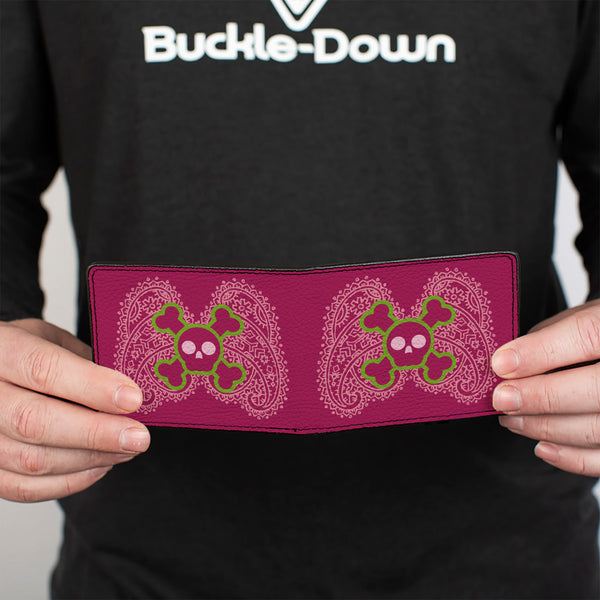 Buckle-Down Bi-Fold Wallet - Cute Skulls W Paisley Purple Pink Green