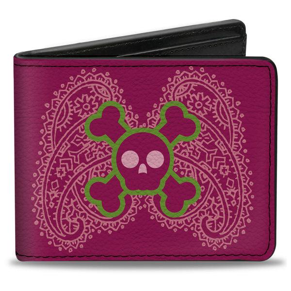 Buckle-Down Bi-Fold Wallet - Cute Skulls w Paisley Purple Pink Green