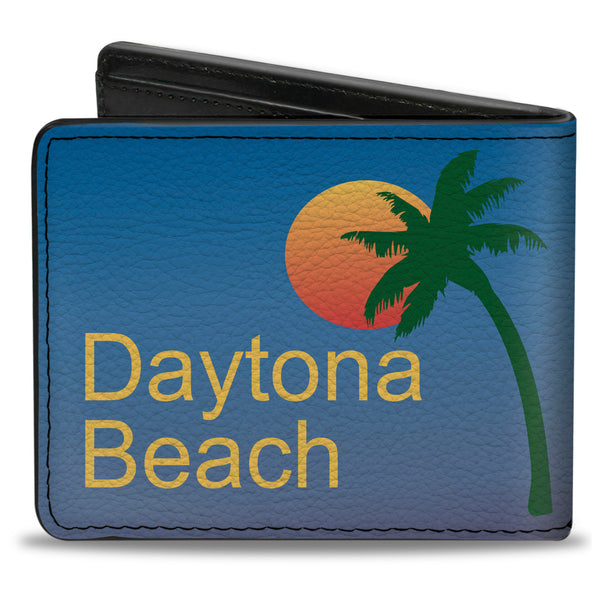 Buckle-Down Bi-Fold Wallet - DAYTON BEACH Script Sun Palm Trees Blue Fade Yellow Oranges Green