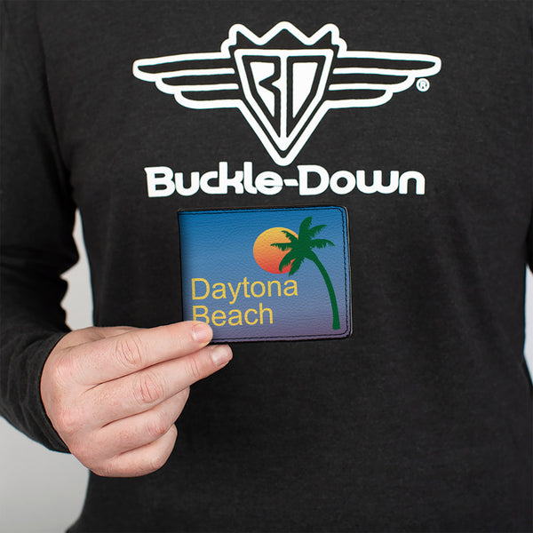 Buckle-Down Bi-Fold Wallet - DAYTON BEACH Script Sun Palm Trees Blue Fade Yellow Oranges Green