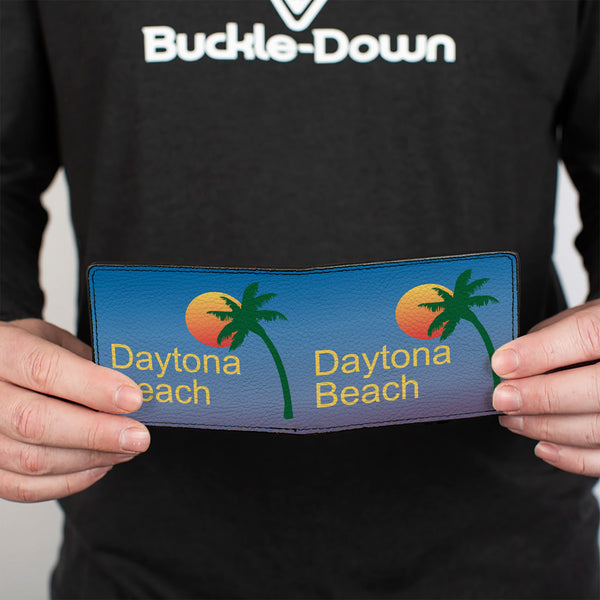 Buckle-Down Bi-Fold Wallet - DAYTON BEACH Script Sun Palm Trees Blue Fade Yellow Oranges Green