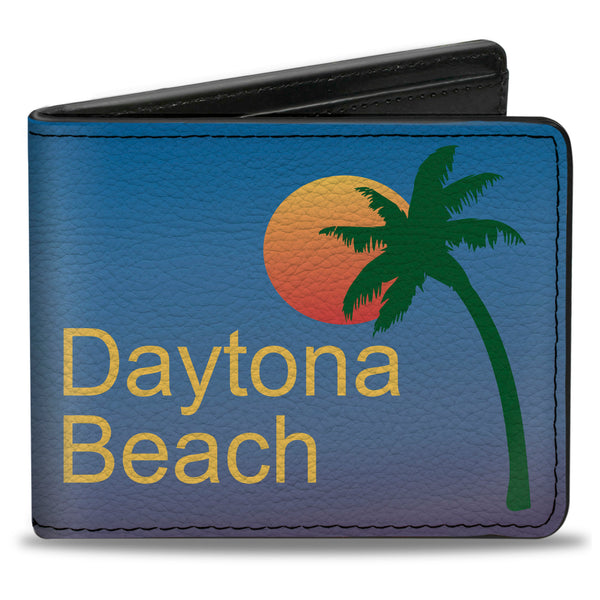 Buckle-Down Bi-Fold Wallet - DAYTON BEACH Script Sun Palm Trees Blue Fade Yellow Oranges Green