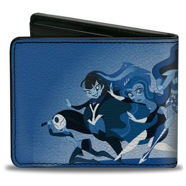 Buckle-Down Bi-Fold Wallet - DC SUPER HERO GIRLS Diamond Logo 7-Character Group Pose Blues Red