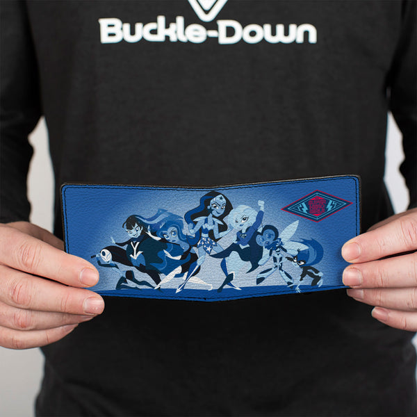 Buckle-Down Bi-Fold Wallet - DC SUPER HERO GIRLS Diamond Logo 7-Character Group Pose Blues Red