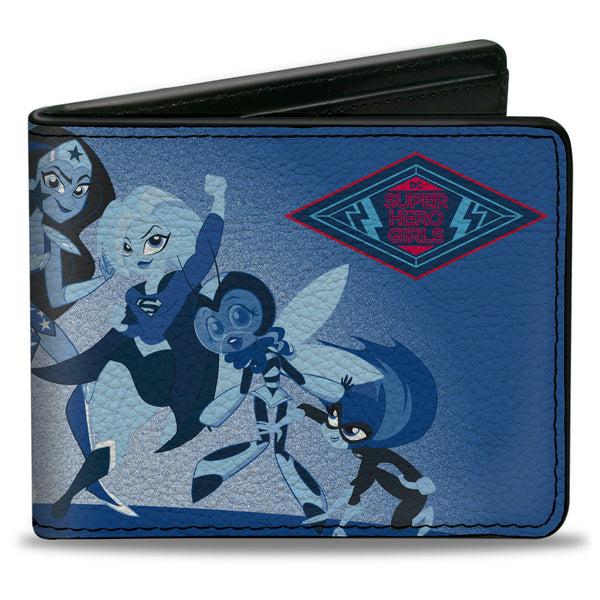Buckle-Down Bi-Fold Wallet - DC SUPER HERO GIRLS Diamond Logo 7-Character Group Pose Blues Red