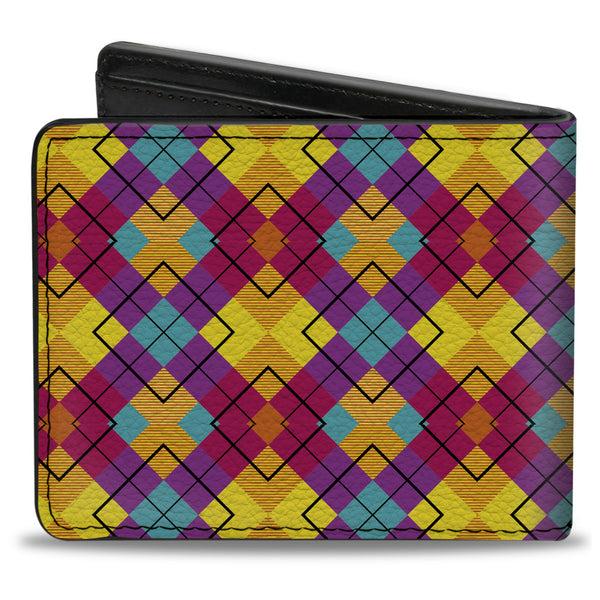 Buckle-Down Bi-Fold Wallet - Diamond Plaid Orange Yellow Blue Purple Fuchsia