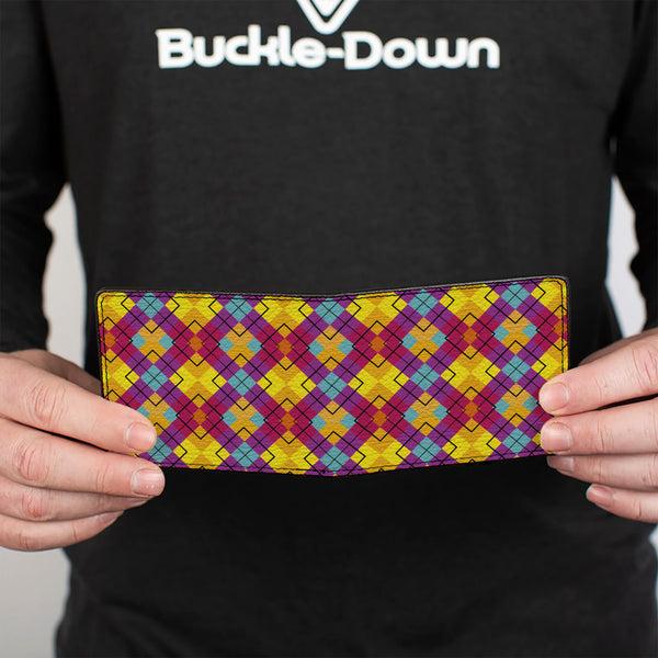 Buckle-Down Bi-Fold Wallet - Diamond Plaid Orange Yellow Blue Purple Fuchsia