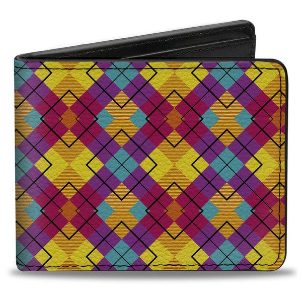 Buckle-Down Bi-Fold Wallet - Diamond Plaid Orange Yellow Blue Purple Fuchsia