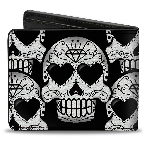 Buckle-Down Bi-Fold Wallet - Diamond Sugar Skull Stacked Black Silver Fade White