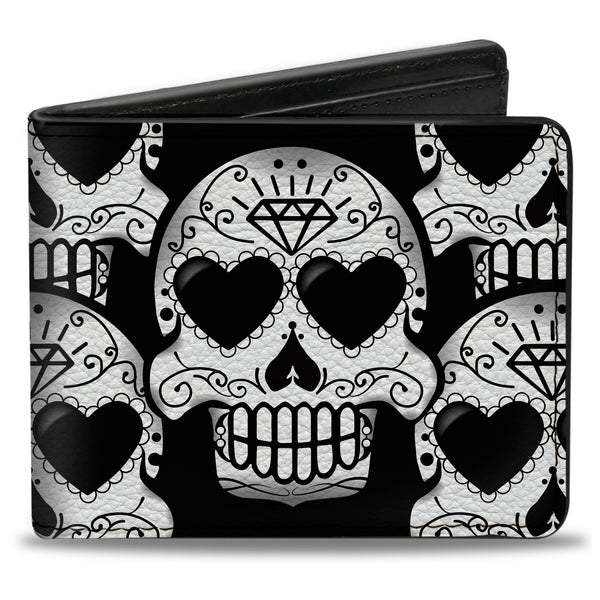 Buckle-Down Bi-Fold Wallet - Diamond Sugar Skull Stacked Black Silver Fade White