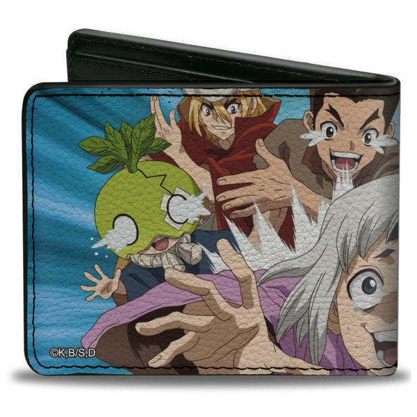 Buckle-Down Bi-Fold Wallet - DR. STONE Character Group Rays Pose And Title Logo Blues
