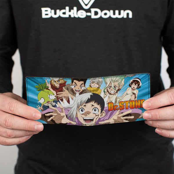 Buckle-Down Bi-Fold Wallet - DR. STONE Character Group Rays Pose And Title Logo Blues
