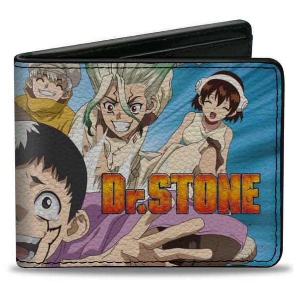 Buckle-Down Bi-Fold Wallet - DR. STONE Character Group Rays Pose and Title Logo Blues
