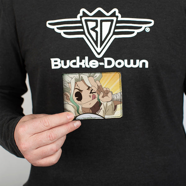 Buckle-Down Bi-Fold Wallet - DR. STONE Chibi Senku Ishigami Peace Pose And Title Logo Yellows
