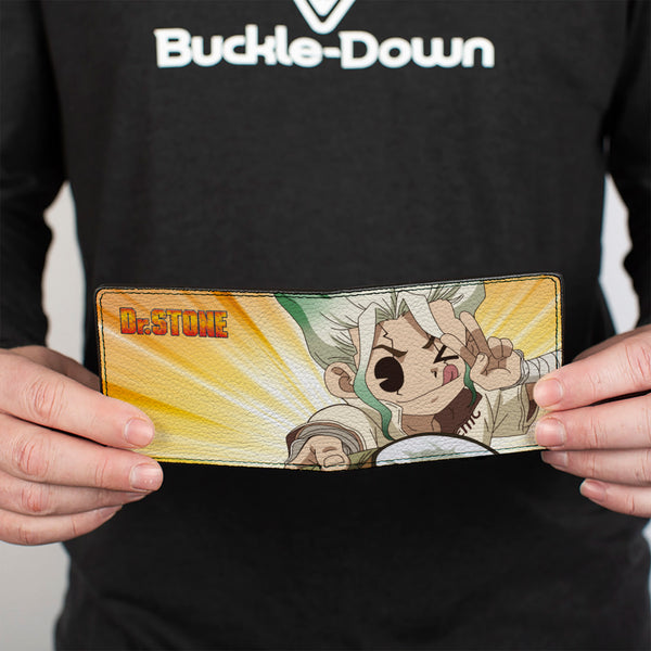 Buckle-Down Bi-Fold Wallet - DR. STONE Chibi Senku Ishigami Peace Pose And Title Logo Yellows