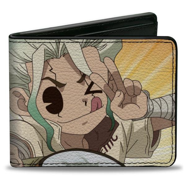 Buckle-Down Bi-Fold Wallet - DR. STONE Chibi Senku Ishigami Peace Pose and Title Logo Yellows