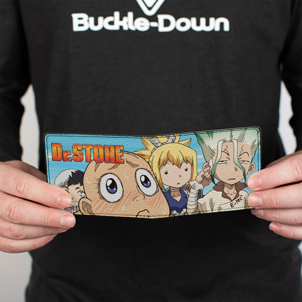 Buckle-Down Bi-Fold Wallet - DR. STONE Four Chibi Charater Group Pose Sky Blue